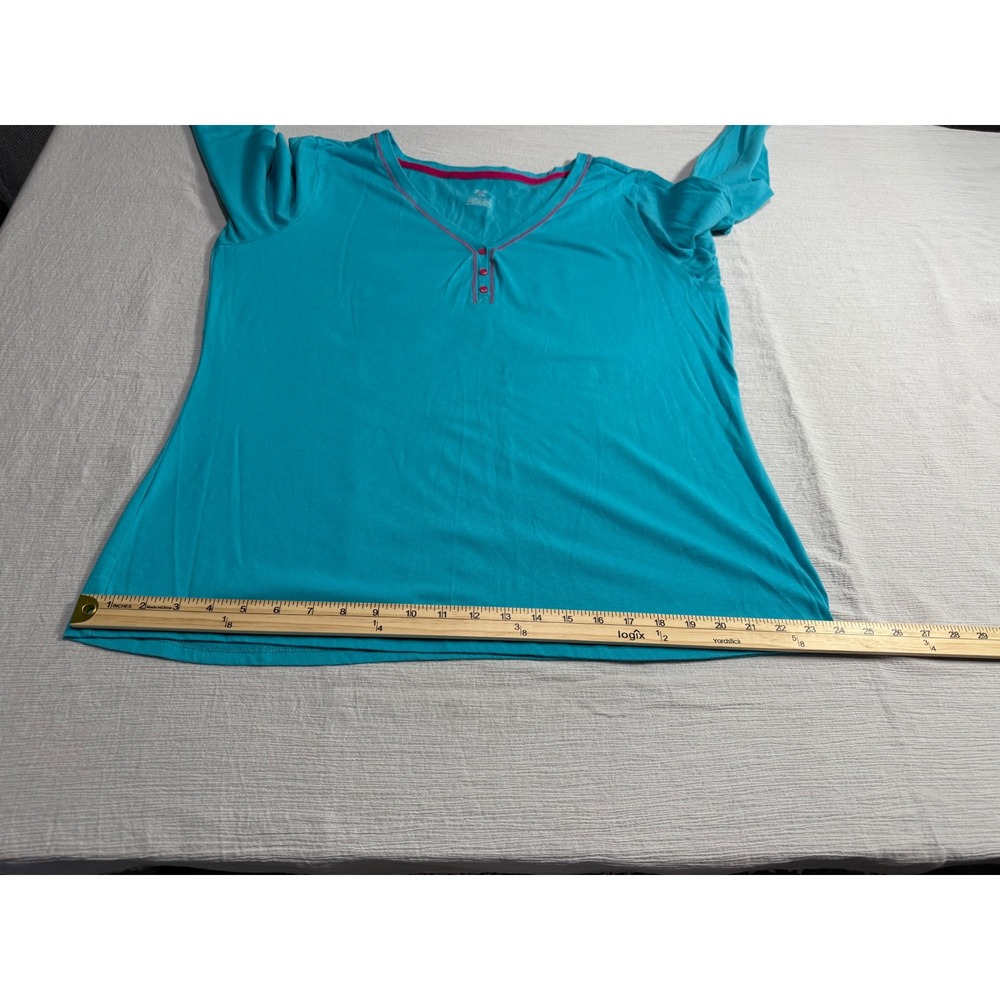 Sleep Chic Women's XL Turquoise Blue Pink Trim Henley Long Sleeve Pajama Top - Picture 5 of 8